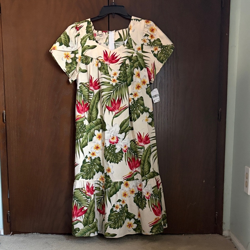 Floral Midi Dress - Cream with Green and Pink Accents